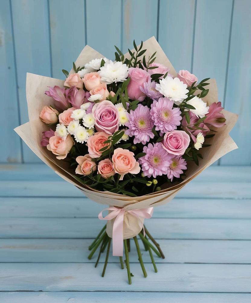 Букет цветов из: Хризантемы, Розы и Альстромерии в Новом Ургале