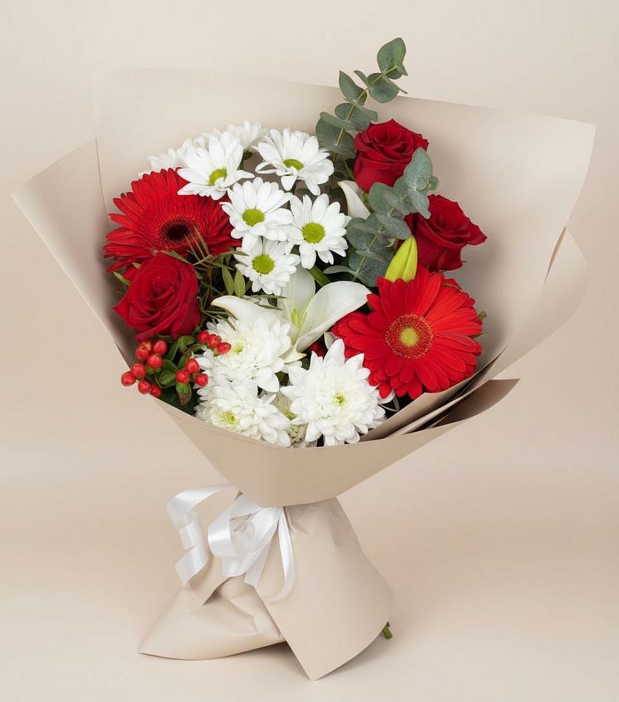 Букет цветов из: Розы, Хризантемы, Герберы и Лилии в Новом Ургале